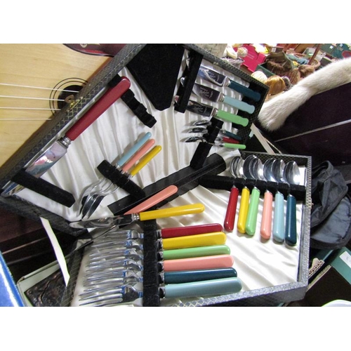 327 - BOX TO INCL CUTLERY SETS, UKELELE, MINI SEWING MACHINE ETC