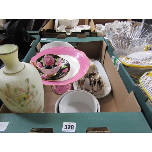 328 - MIXED CERAMICS, GLASS AND SILVER PLATE ETC