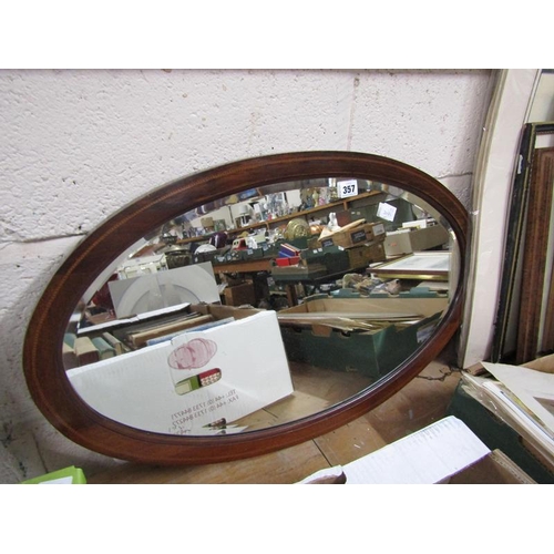 357 - EDWARDIAN BEVEL EDGE OVAL WALL MIRROR; ELEPHANT PAINTING