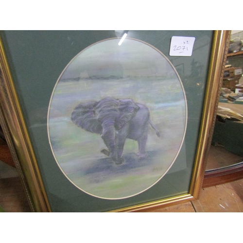 357 - EDWARDIAN BEVEL EDGE OVAL WALL MIRROR; ELEPHANT PAINTING