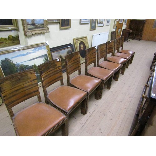 2075 - Set of eight art deco period zebra wood veneered single chairs with leather studded upholstered seat... 