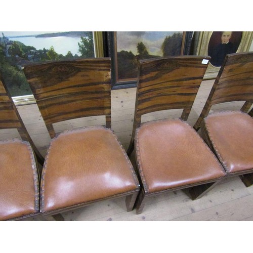 2075 - Set of eight art deco period zebra wood veneered single chairs with leather studded upholstered seat... 