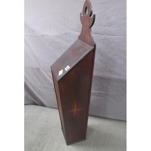 1439 - A 19c large mahogany wall hanging cutlery or candle box, inlaid with a knife and fork to the front p... 