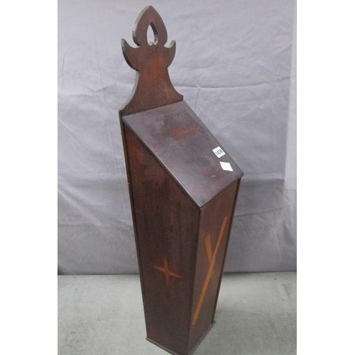 1439 - A 19c large mahogany wall hanging cutlery or candle box, inlaid with a knife and fork to the front p... 