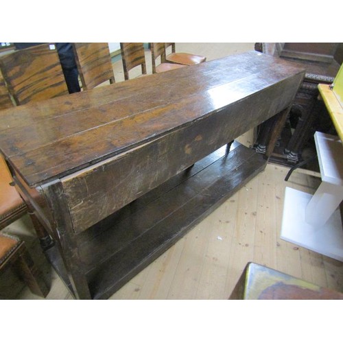 2068 - A late 18c/early 19c English oak three drawer dresser base with pot board, supported on ring turned ... 