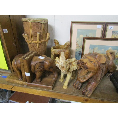 1 - COLLECTION OF CARVED WOODEN ITEMS, IVORINE ELEPHANT, BONGOS