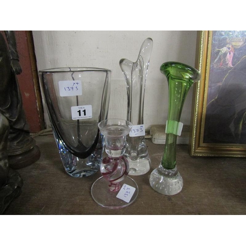 11 - COLLECTION OF ART GLASS VASES & CANDLESTICK HOLDER