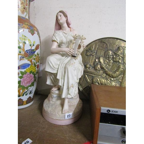 27 - 19C PAINTED PARIAN FIGURE OF A LADY PLAYING A LYRE