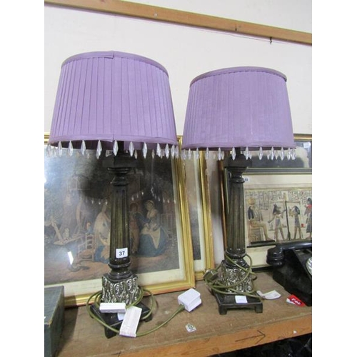 37 - TWO CONTEMPORARY CORNITHIAN COLUM LAMPS AND SHADES