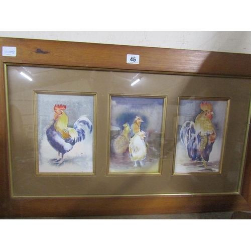 45 - FRAMED WATERCOLOURS - COCKERELS AND HENS