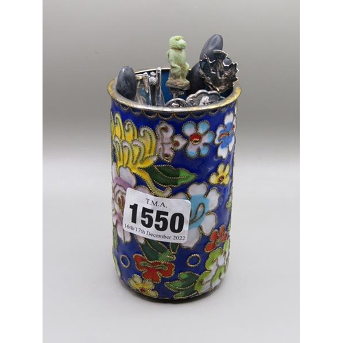 1550 - ENAMEL FLORAL DECORATED SPILL VASE TOGETHER WITH MISC. SPOONS