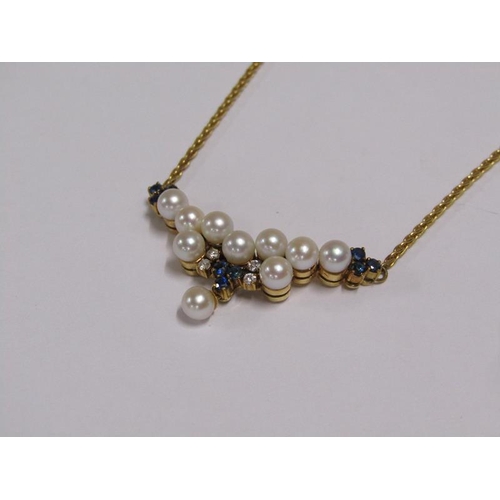 1553 - PEARL, SAPPHIRE AND DIAMOND SET NECKLACE WITH 9ct GOLD CHAIN