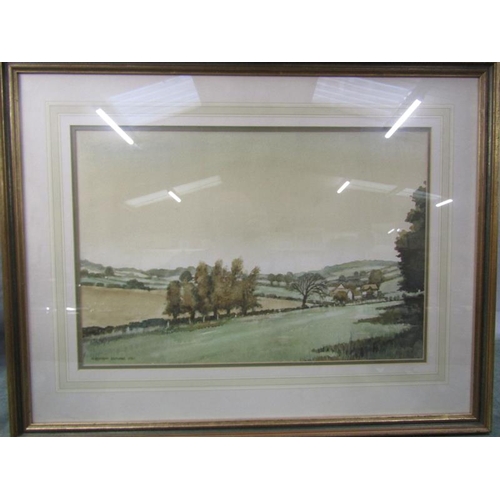 1213 - GEORGE DAWE 1981 - HOMESTEAD IN THE VALLEY, SIGNED WATERCOLOUR, F/G, 35CM X 52CM