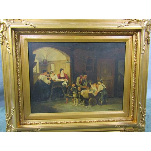 1214 - G GOGUYERT? 1879 - A PRESENT FOR YOU, SIGNED AND DATED, OIL ON PANEL, FRAMED, 29CM X 39CM