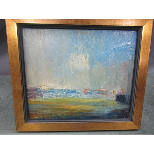 1216 - MUNGO POWNEY - LANDSCAPE RAPE SEED OIL, EASTLING KENT, OIL ON PANEL, FRAMED, 16CM X 19CM