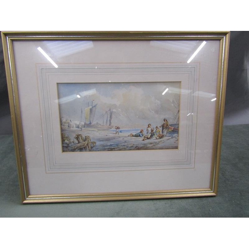 1217 - THOMAS CRESWICK 1811/1869 - FISHERMANS TALE, SIGNED WATERCOLOUR, F/G, 11.5CM X 20.5CM