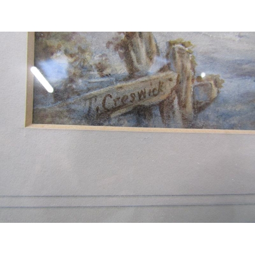 1217 - THOMAS CRESWICK 1811/1869 - FISHERMANS TALE, SIGNED WATERCOLOUR, F/G, 11.5CM X 20.5CM