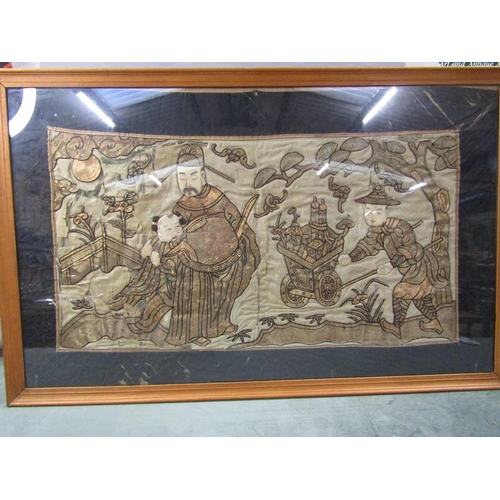 1219 - 19C CHINESE EMBROIDERED SILK PANEL WITH PAINTED DETAIL, F/G, 45CM X 85CM