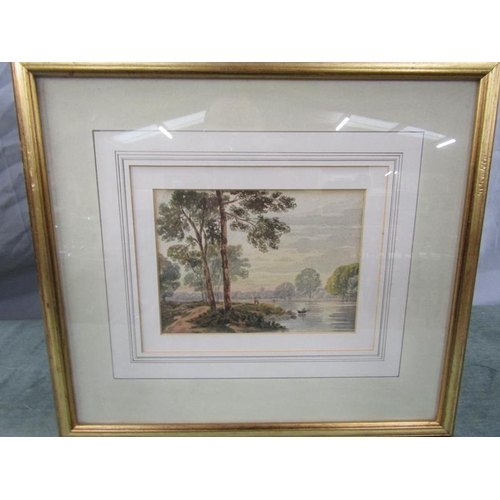 1224 - GEORGE BERESFORD c.1840 ENGLISH LANDSCAPE WITH RIVER, WATERCOLOUR F/G 15 x 20cms