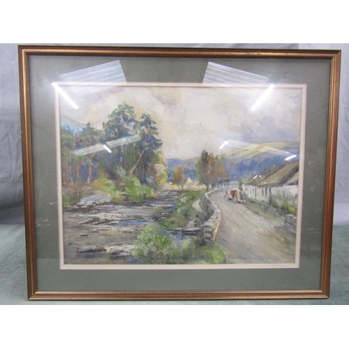 1227 - J CATT? CATTLE DROVER ON A ROADWAY CLOSE TO A RIVER, SIGNED WATERCOLOUR.  F/G 34.5 x 48 cms