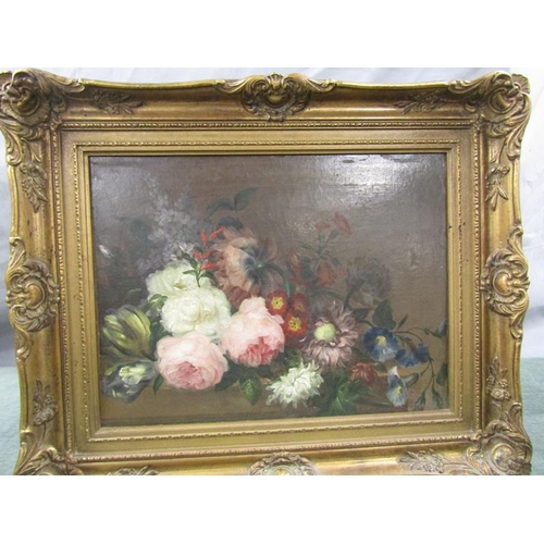 1230 - UNSIGNED 19c BOUQUET OF FLOWERS AND PINK ROSES, OIL ON BOARD.  FRAMED 30 x 40cms