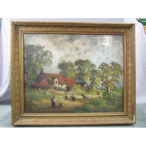 1242 - DENNIS C RANDELL - A FAMILY SCENE WITH ANIMALS OUTSIDE OF A COTTAGE, SIGNED OIL PANEL.  FRAMED 46 x ... 