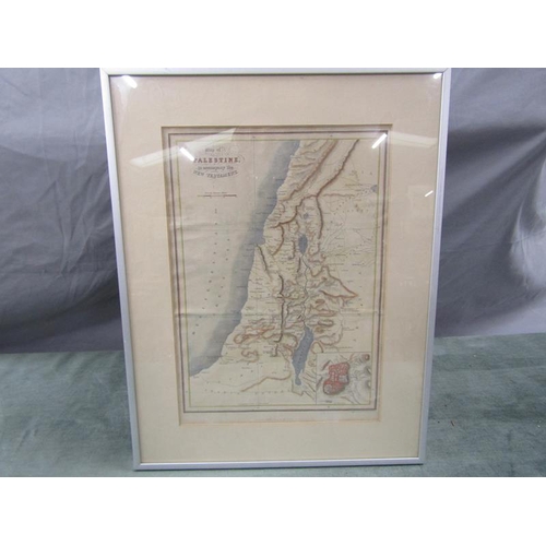 1244 - FRAMED ANTIQUE MAP OF PALESTINE, COLOURED.  F/G 30 x 22cms