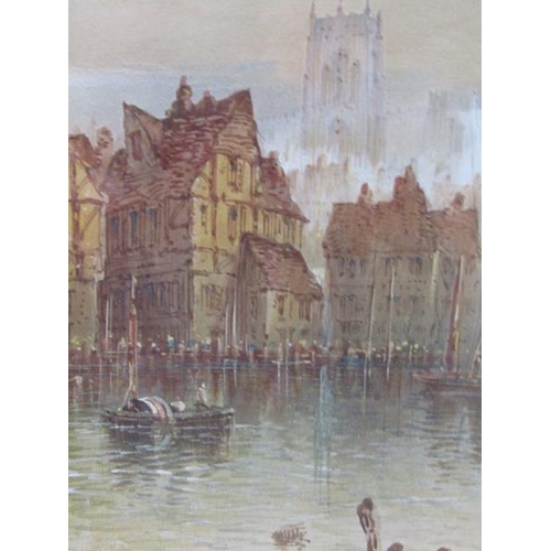 1252 - T MORTIMER, A CONTINENTAL WATERWAY WITH FIGURES ON THE QUAYSIDE.  SIGNED WATERCOLOUR F/G 35 x 16cms