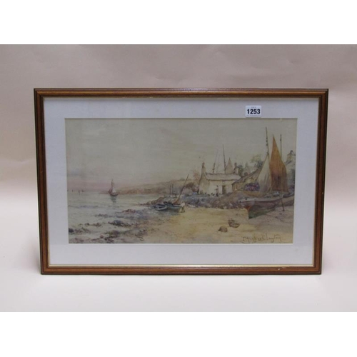 1253 - J HUGHES CLAYTON, A FISHING VILLAGE.  SIGNED WATERCOLOUR, F/G 26 x 46 cms