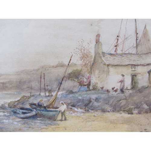 1253 - J HUGHES CLAYTON, A FISHING VILLAGE.  SIGNED WATERCOLOUR, F/G 26 x 46 cms