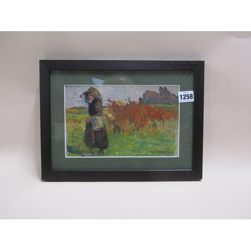 1258 - HENRI DABADIE - LADY CARRYING A WATER BUCKET, SIGNED OIL ON BOARD.  FRAMED 14 x 23 cms