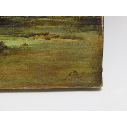 1272 - J POOL, TWO FIGURES CLOSE TO THE ROCKS ON THE BANKS OF A RIVER, SIGNED OIL ON CANVAS, UNFRAMED 35 x ... 