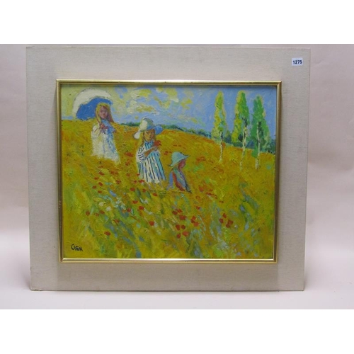 1275 - JOHN ASH, THREE CHILDREN IN A POPPY FIELD SIGNED OIL ON BOARD.  FRAMED 50 x 61 cms