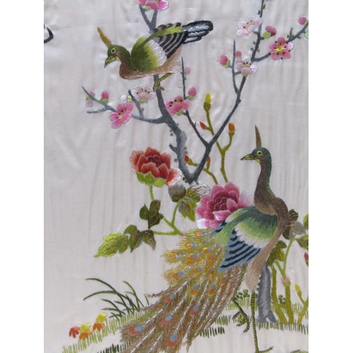 1300 - TWO ORIENTAL SILK WORK PICTURES - BIRDS OF PARADISE, 46CM X 30CM & 38CM X 25CM