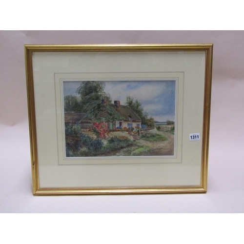 1311 - HENRY JOHN SYLVESTER STANNARD - THATCHED COTTAGE IN SUMMER TIME SETTING, WATERCOLOUR, F/G, 23CM X 33... 