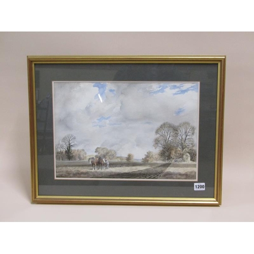 1200 - JOHN HARFIELD - HORSE PLOUGHING, SIGNED WATERCOLOUR, F/G, 28CM X 41CM