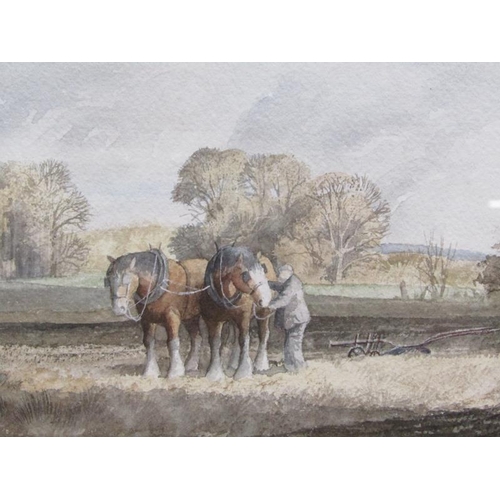 1200 - JOHN HARFIELD - HORSE PLOUGHING, SIGNED WATERCOLOUR, F/G, 28CM X 41CM