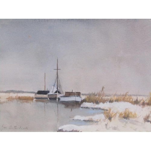 1202 - JAN CLATTERBUCK - SNOW ON THE BROADS, SIGNED WATERCOLOUR, F/G, 25CM X 33CM