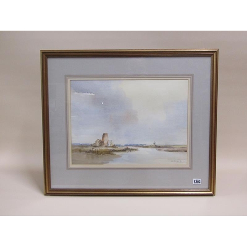 1203 - JOHN TAUNTON 81 - EAST ANGLIAN RIVER WITH WINDMILL, SIGNED AND DATED WATERCOLOUR, F/G, 33CM X 45CM