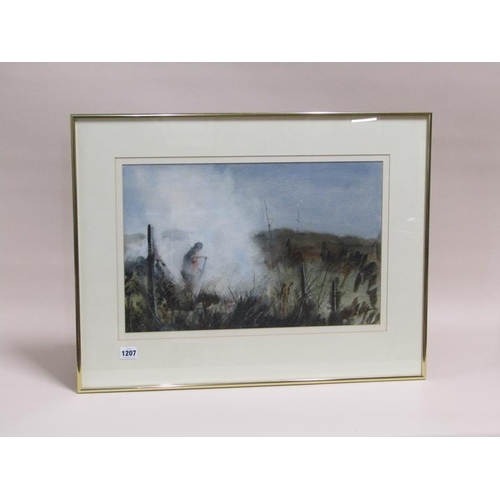 1207 - WILLIAM PERKINS - CLEARING OVERGROWN ALLOTMENT, SIGNED WATERCOLOUR, F/G, 31CM X 48CM