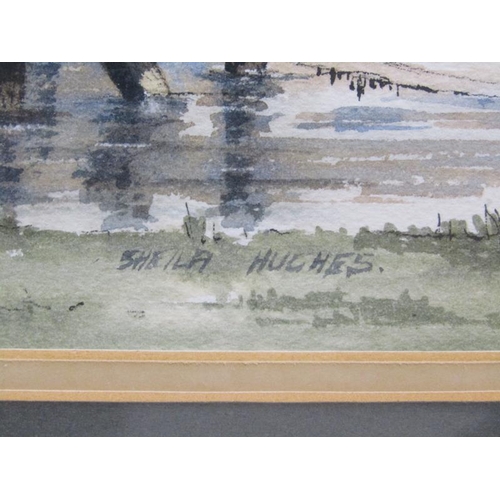 1211 - SHEILA HUGHES - RIVER BLYTH AT SOUTHWOLD, SUFFOLK, SIGNED, WATERCOLOUR, F/G, 24CM X 35CM