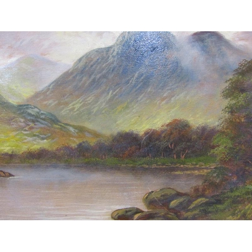 1220 - G MCGREADE - SCOTTISH LOCH, SIGNED OIL ON BOARD, FRAMED, 24CM X 44CM