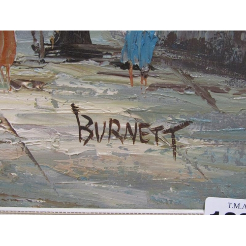 1227 - BERNETT - TOWN STREET WITH FIGURES, OIL ON BOARD, FRAMED, 50CM X 40CM