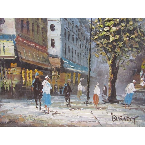 1227 - BERNETT - TOWN STREET WITH FIGURES, OIL ON BOARD, FRAMED, 50CM X 40CM