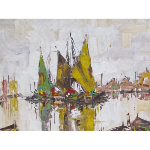 1228 - DEAKINS 80 - SAILING VESSELS IN HARBOUR, SIGNED OIL ON BOARD, FRAMED, 39CM X 49CM