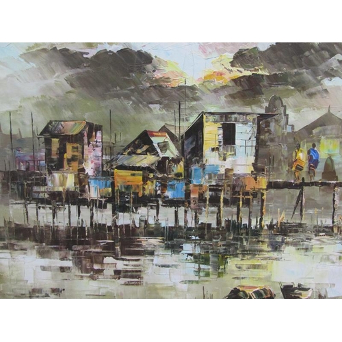 1232 - UNSIGNED - THE STILT VILLAGE, OIL ON BOARD, FRAMED, 57CM X 86CM