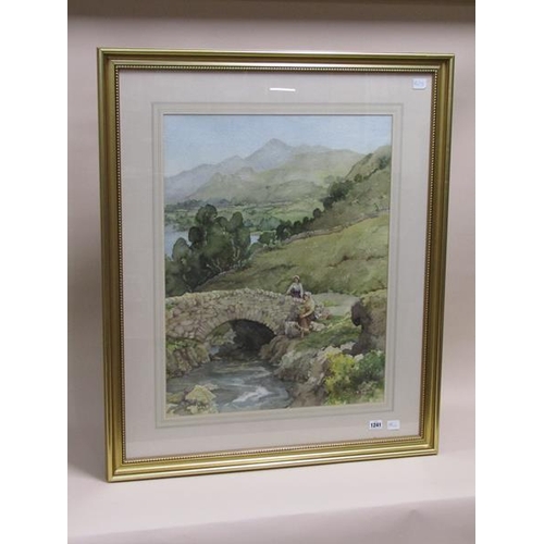 1241 - E R STURGEON - TWO LADIES CLOSE TO A STONE BRIDGE OVER ASHNESS BRIDGE, DERWENT WATER, SIGNED WATERCO... 