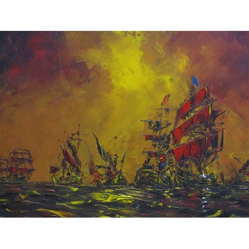 1243 - DEAKINS - SEA BATTLE, SIGNED, OIL ON BOARD, FRAMED, 80CM X 121CM