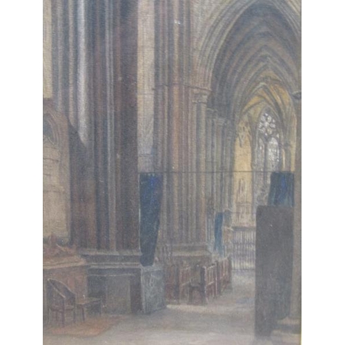 1256 - UNSIGNED 19C ENGLISH SCHOOL - CATHEDRAL INTERIOR, WATERCOLOUR, F/G, 34CM X 19CM