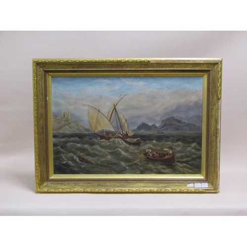 1257A - MONO FF - 19C SEASCAPE WITH ROWING BOAT APPROACHING ORIENTAL TRADING BOAT, OIL ON CANVAS, FRAMED, 49... 